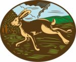 Wild Hare Rabbit Running Oval Woodcut Stock Photo