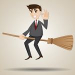 Cartoon Businessman Floating On Magic Broom Stock Photo