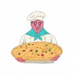 Zombie Chef Holding Pizza Pie Grime Art Stock Photo