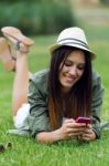 Beautiful Young Woman Using Her Mobile Phone In The Park Stock Photo