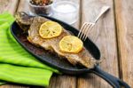 Delicious Baked Rainbow Trout With Lemon Straight From The Oven Stock Photo