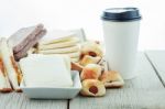 Bread And Coffee On Wooden Stock Photo