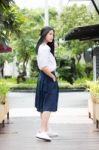 Portrait Of Thai High School Student Uniform Teen Beautiful Girl Happy And Relax, Stock Photo