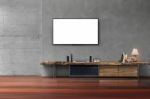 Led Tv On Concrete Wall With Wooden Furniture In Living Room Stock Photo