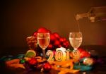 Glasses Of Champagne And New Year Decorations Stock Photo