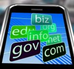 Domains On Smartphone Shows Mobile Internet Access Stock Photo