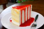 Crepe Cake With Strawberry Sauce Stock Photo