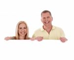 Couple Behind Blank White Board Stock Photo