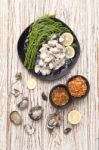 Oyster Seafood Lemon Fresh Asia  Fried Shallots Sauce Stock Photo