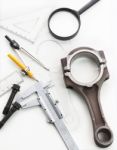 Old Piston Rod And Engineering Drawing With Craft Man Tool ,equi Stock Photo