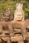 Statue Of Ancient Khmer Warrior Head At Angkor Wat Stock Photo