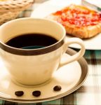 Coffee With Toast Shows Toasted Bread And Breakfast Stock Photo