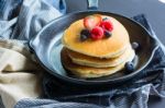 Pancakes With Blueberries  & Raspberry On Wood Background Stock Photo