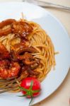 Italian Seafood Spaghetti Pasta On Red Tomato Sauce Stock Photo