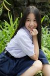 Portrait Of Thai High School Student Uniform Teen Beautiful Girl Happy And Relax, Stock Photo