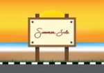 Summer Sale Promotion Season With Board, Sunset, Footpath And Se Stock Photo