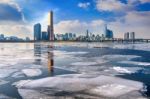 Ice Of Han River And Cityscape In Winter,sunset In Seoul, South Korea Stock Photo