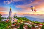 Landmark Pagoda In Doi Inthanon National Park With Balloon At Chiang Mai, Thailand Stock Photo