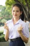 Portrait Of Thai High School Student Uniform Teen Beautiful Girl Happy And Relax, Stock Photo