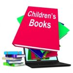 Children's Books Book Stack Laptop Shows Reading For Kids Stock Photo