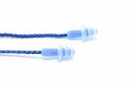 Blue Earplugs With A String On White Background Stock Photo