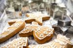 Christmas Gingerbread Cookies And Metal Cookie Cutters On White Stock Photo