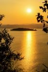 High Angle View Beautiful Lake And Island At Sunset Stock Photo