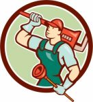 Plumber Holding Wrench Plunger Circle Cartoon Stock Photo