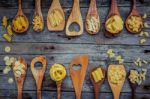 Italian Foods Concept And Menu Design. Various Kind Of Pasta Far Stock Photo