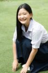 Portrait Of Thai High School Student Uniform Teen Beautiful Girl Happy And Relax, Stock Photo