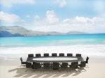 Meeting Table And Chairs At Beach Stock Photo