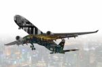 Double Exposure Commercial Airplane With Blur Cityscape Backgrou Stock Photo