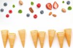 Cones And Colorful Various Fruits Raspberry ,blueberry ,strawber Stock Photo