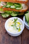 Fresh Vegetarian Sandwich With Garlic Cheese Dip Salad Stock Photo