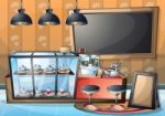 Cartoon  Illustration Interior Cafe Room With Separated Layers Stock Photo