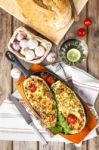 Aubergine Stuffed With Vegetables And Cheese Stock Photo