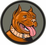 Pitbull Dog Mongrel Head Circle Woodcut Stock Photo