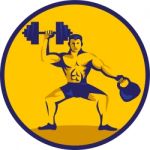 Athlete Lifting Kettlebell Dumbbell Circle Retro Stock Photo