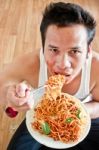 Man Eating Spaghetti Stock Photo