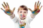 Girl Showing Colorful Hands To Camera Stock Photo