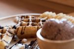 Delicious Sweet Dessert : Homemade Waffle With Chocolate Sauce , Stock Photo