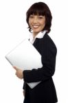 Business Lady Holding Laptop Stock Photo