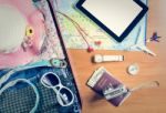 Set Of Travel Accessory Background Stock Photo