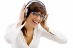 laughing lady Listening Music Stock Photo