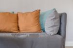 Orange Color Pillow On Grey Sofa In Living Room Stock Photo