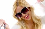 Front View Of Happy Woman With Shopping Bags Stock Photo