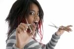 African Female With Scissors Stock Photo