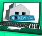 New Home House Laptop Means Finding And Purchasing Property Stock Photo