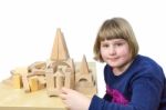 Young Dutch Girl Building Construction With Wooden Blocks Isolat Stock Photo