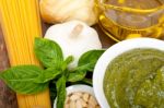 Italian Traditional Basil Pesto Pasta Ingredients Stock Photo